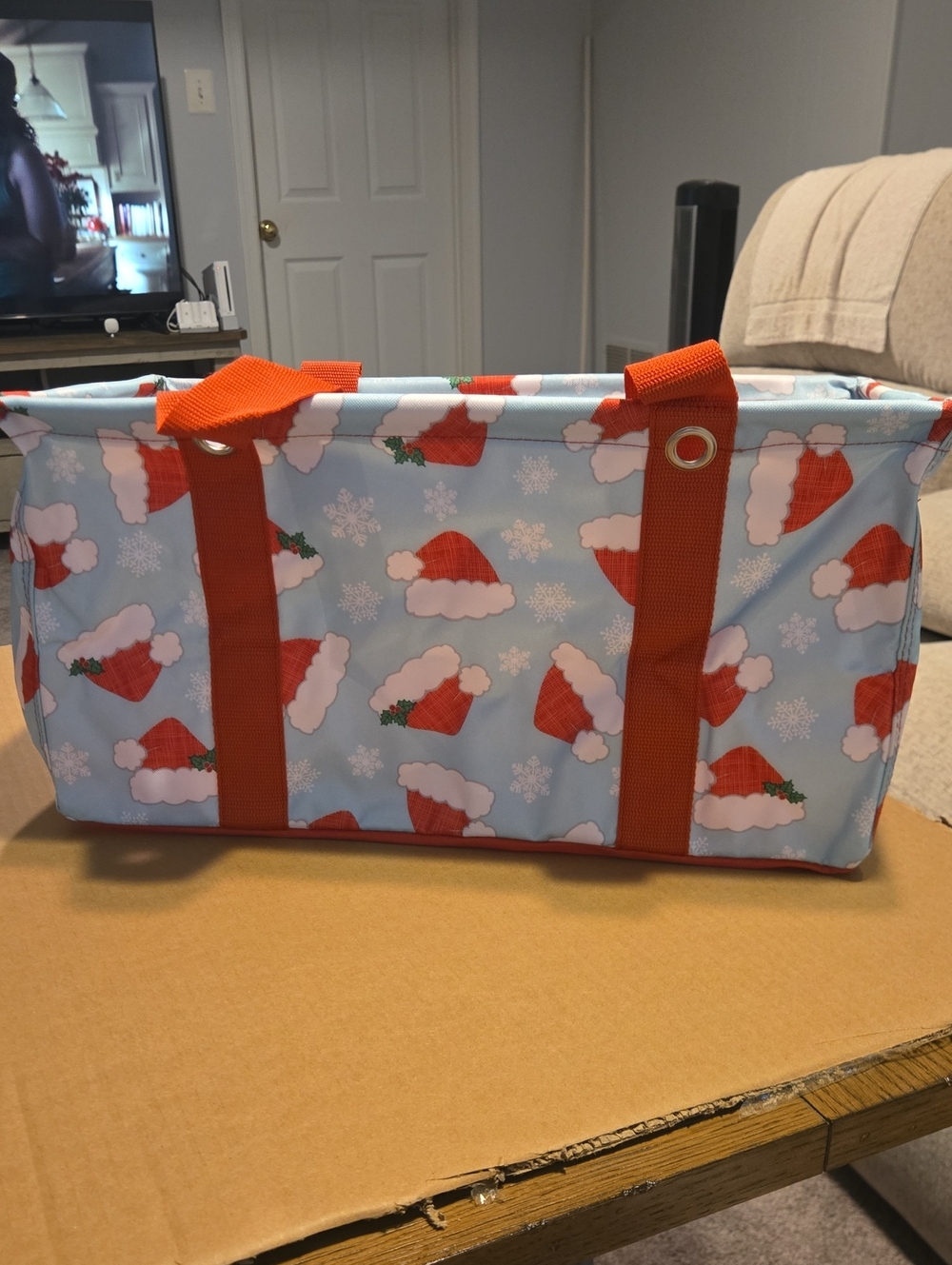 thirty-one Santa Hat Print Organizer Medium Tote - Light Blue & Red